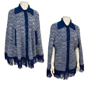 Vintage Blue and White Knit Sweater Cape with Fringe Trim